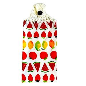 Hand Crafted Colorful Fruit Watermelon Lemons Crochet Top Hanging Kitchen Towel